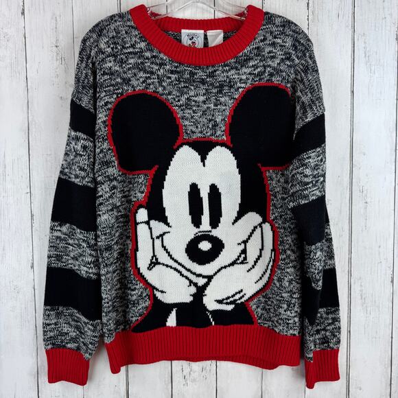 Mickey & Co. Sweaters - VTG Mickey & Co. Gray Red Mickey Mouse Disney Crewneck Knit Sweater Size Large